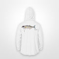 White "Jew fish" bluefish sun hoodie, back view: bluefish in a kippah and Star of David chain, printed 12 inches wide