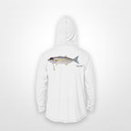 White "Jew fish" bluefish sun hoodie, back view: bluefish in a kippah and Star of David chain, printed 12 inches wide
