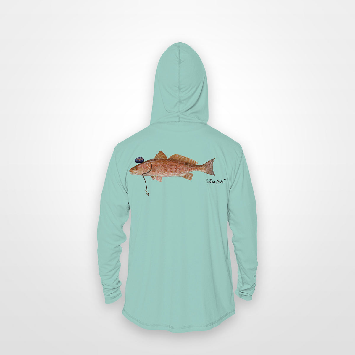 Seafoam "Jew fish" redfish sun hoodie, back view: redfish in a kippah and Star of David chain, printed 12 inches wide