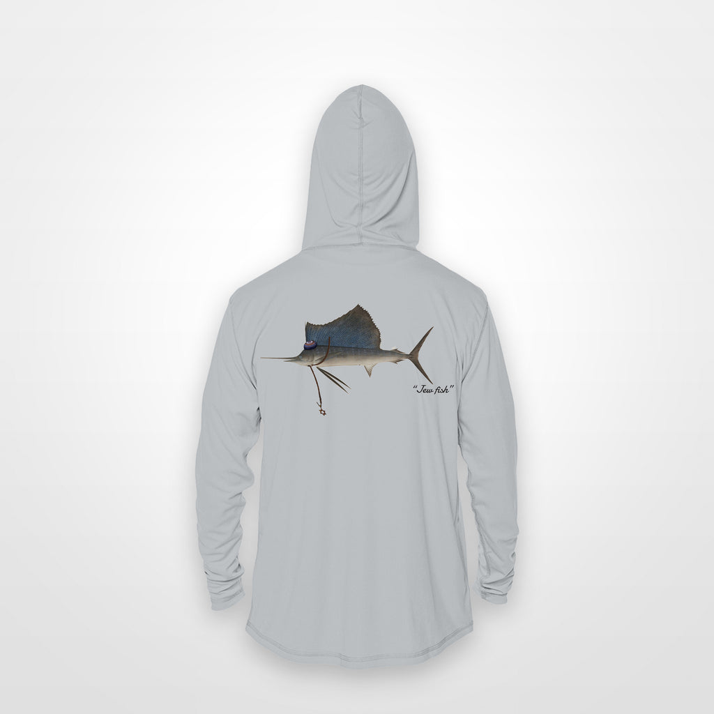 Light Grey "Jew fish" sailfish sun hoodie, back view: sailfish in a kippah and Star of David chain, printed 12 inches wide