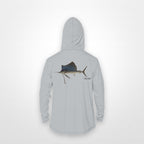 Light Grey "Jew fish" sailfish sun hoodie, back view: sailfish in a kippah and Star of David chain, printed 12 inches wide