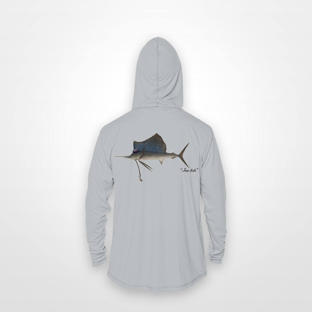 Light Grey "Jew fish" sailfish sun hoodie, back view: sailfish in a kippah and Star of David chain, printed 12 inches wide