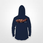 Navy "Jew fish" Goliath grouper sun hoodie, back view: Goliath grouper in a kippah and Star of David chain, printed 12 inches wide
