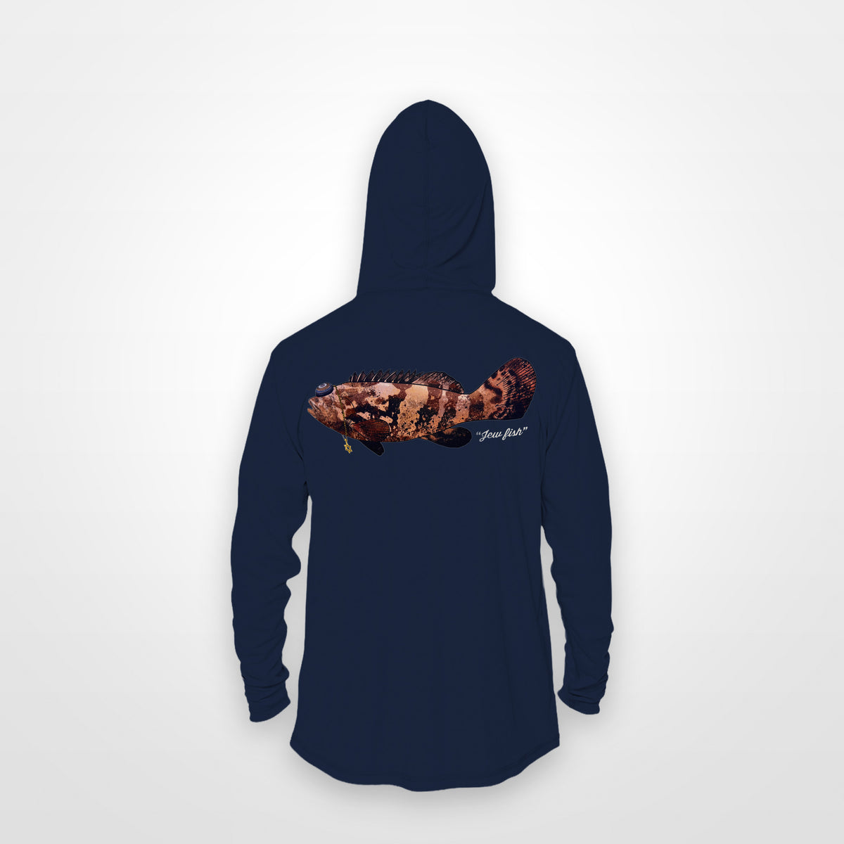 Navy "Jew fish" Goliath grouper sun hoodie, back view: Goliath grouper in a kippah and Star of David chain, printed 12 inches wide