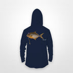 Navy "Jew fish" pompano sun hoodie, back view: pompano in a kippah and Star of David chain, printed 12 inches wide