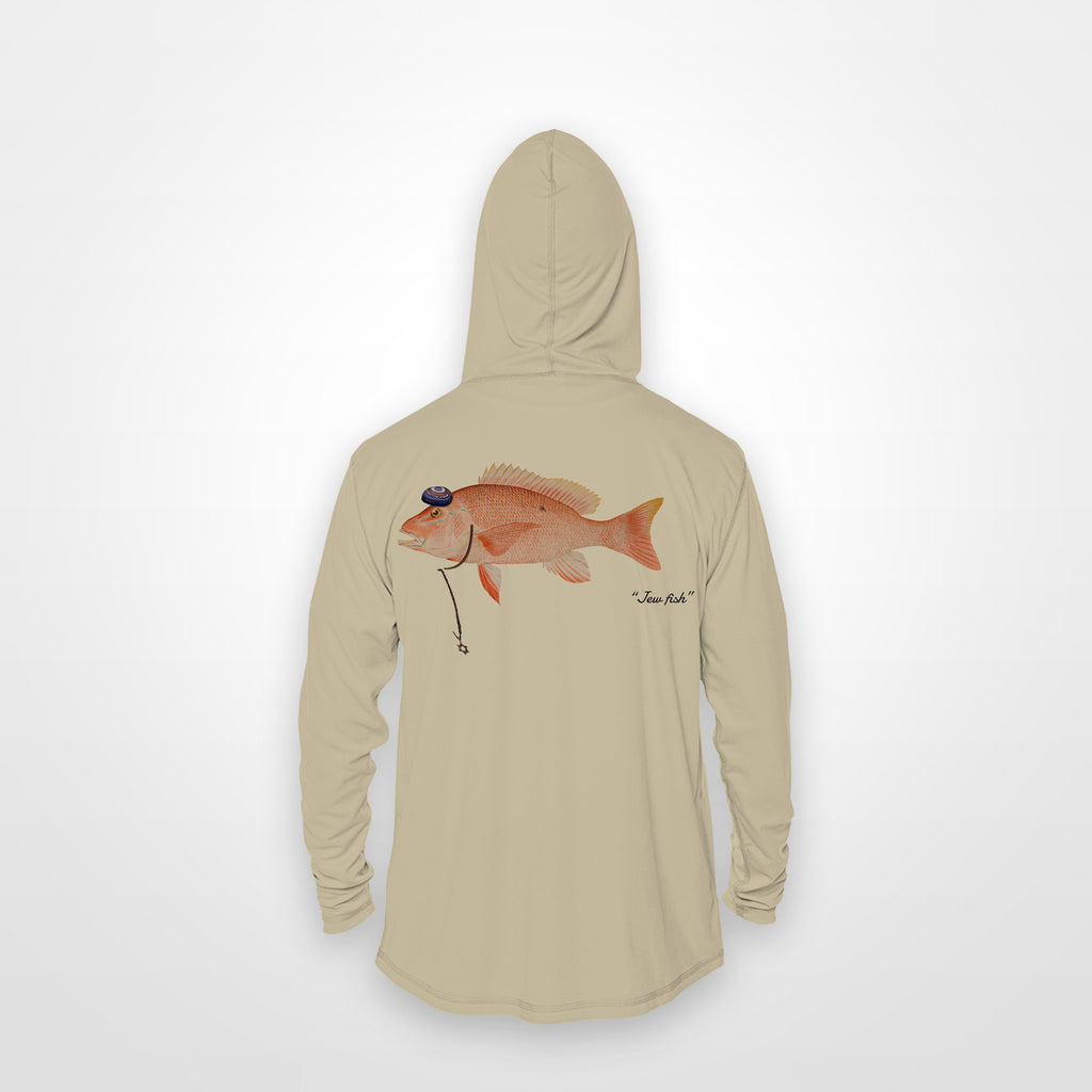 Sand "Jew fish" red snapper sun hoodie, back view: red snapper in a kippah and Star of David chain, printed 12 inches wide