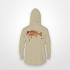 Sand "Jew fish" red snapper sun hoodie, back view: red snapper in a kippah and Star of David chain, printed 12 inches wide