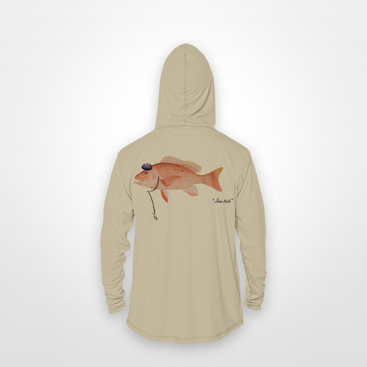 Sand "Jew fish" red snapper sun hoodie, back view: red snapper in a kippah and Star of David chain, printed 12 inches wide