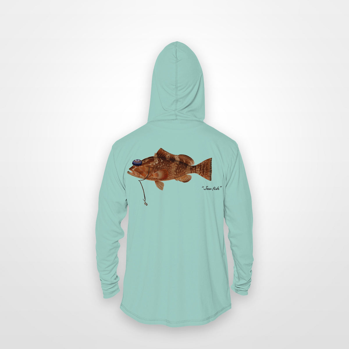 Seafoam "Jew fish" red grouper sun hoodie, back view: red grouper in a kippah and Star of David chain, printed 12 inches wide
