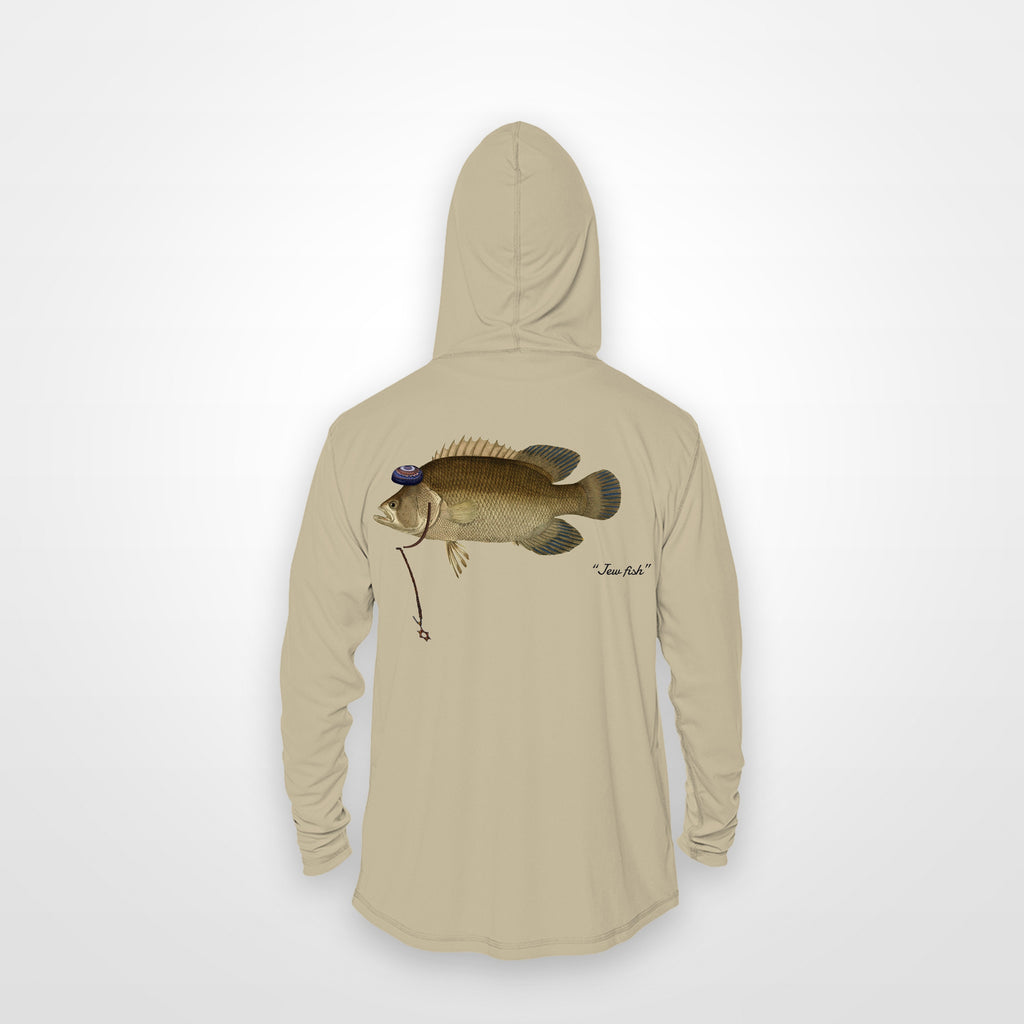 Sand "Jew fish" tripletail sun hoodie, back view: tripletail in a kippah and Star of David chain, printed 12 inches wide