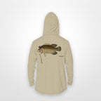 Sand "Jew fish" tripletail sun hoodie, back view: tripletail in a kippah and Star of David chain, printed 12 inches wide