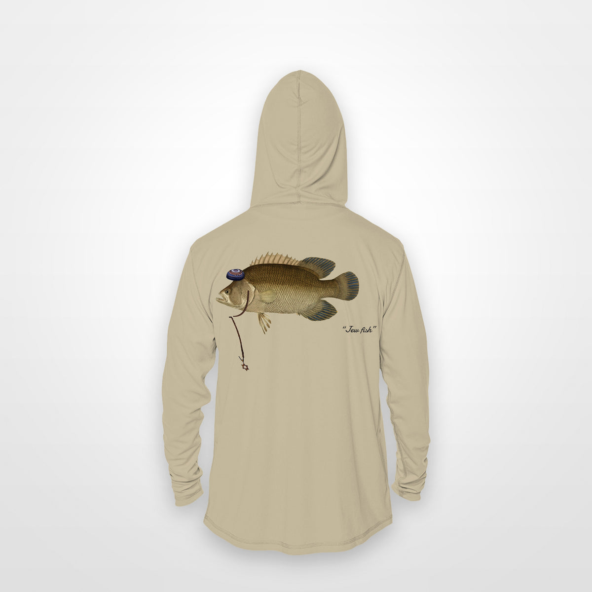 Sand "Jew fish" tripletail sun hoodie, back view: tripletail in a kippah and Star of David chain, printed 12 inches wide