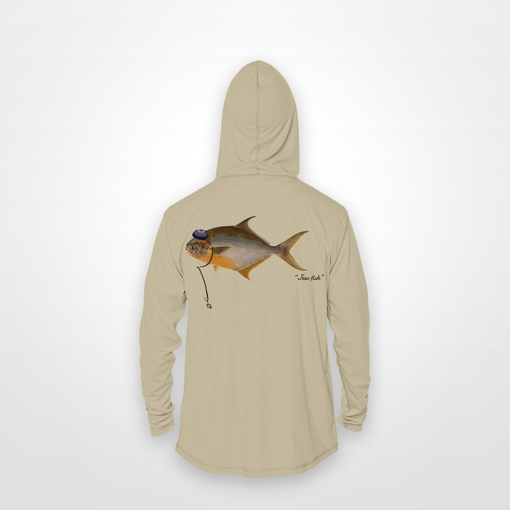 Sand "Jew fish" pompano sun hoodie, back view: pompano in a kippah and Star of David chain, printed 12 inches wide