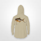 Sand "Jew fish" pompano sun hoodie, back view: pompano in a kippah and Star of David chain, printed 12 inches wide