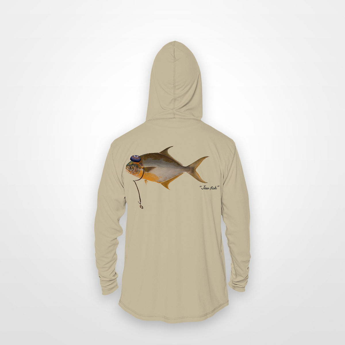 Sand "Jew fish" pompano sun hoodie, back view: pompano in a kippah and Star of David chain, printed 12 inches wide
