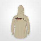 Sand "Jew fish" Spanish mackerel sun hoodie, back view: Spanish mackerel in a kippah and Star of David chain, printed 12 inches wide