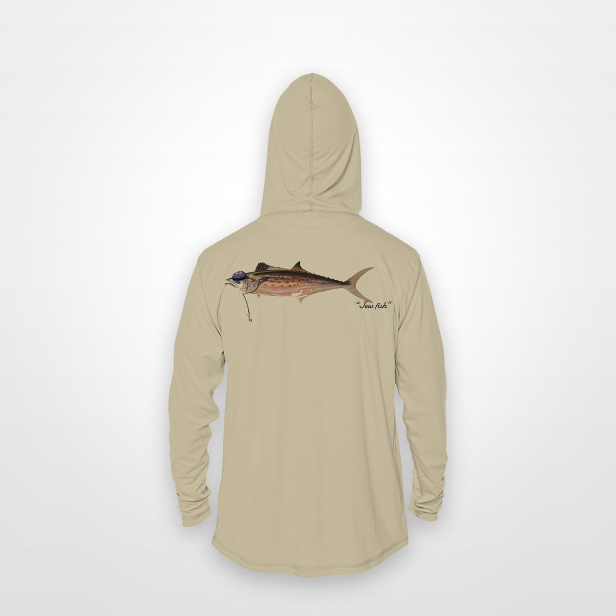 Sand "Jew fish" Spanish mackerel sun hoodie, back view: Spanish mackerel in a kippah and Star of David chain, printed 12 inches wide