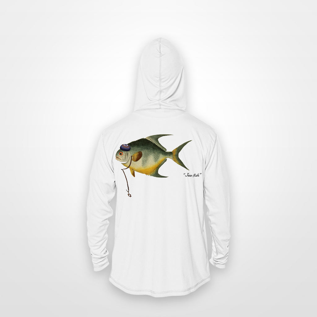 White "Jew fish" permit sun hoodie, back view: permit in a kippah and Star of David chain, printed 12 inches wide