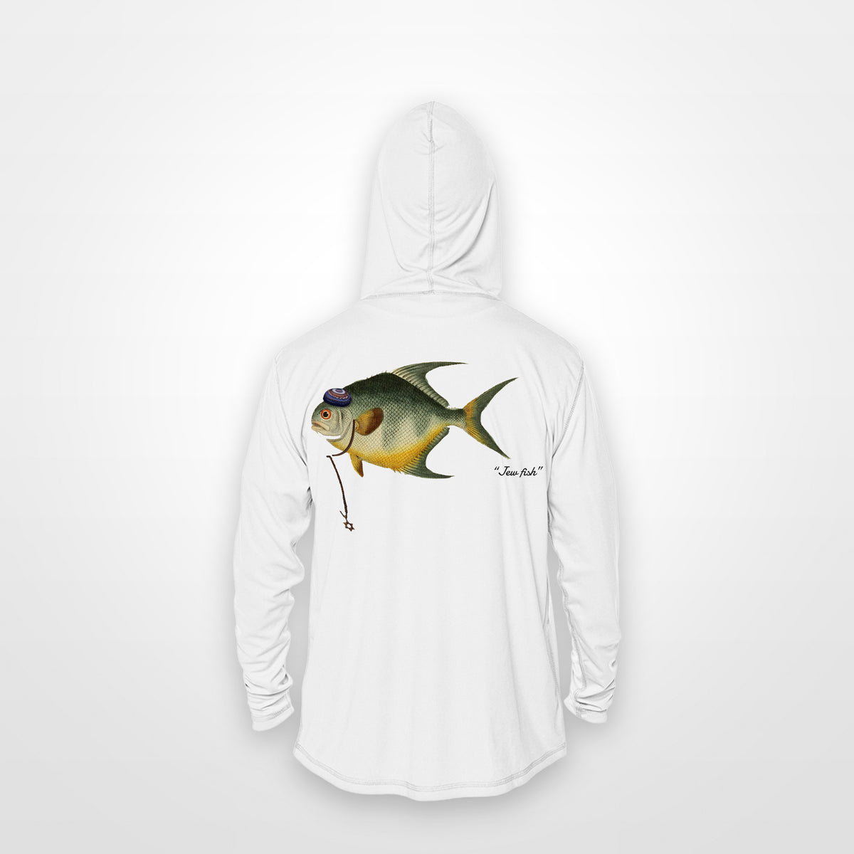 White "Jew fish" permit sun hoodie, back view: permit in a kippah and Star of David chain, printed 12 inches wide