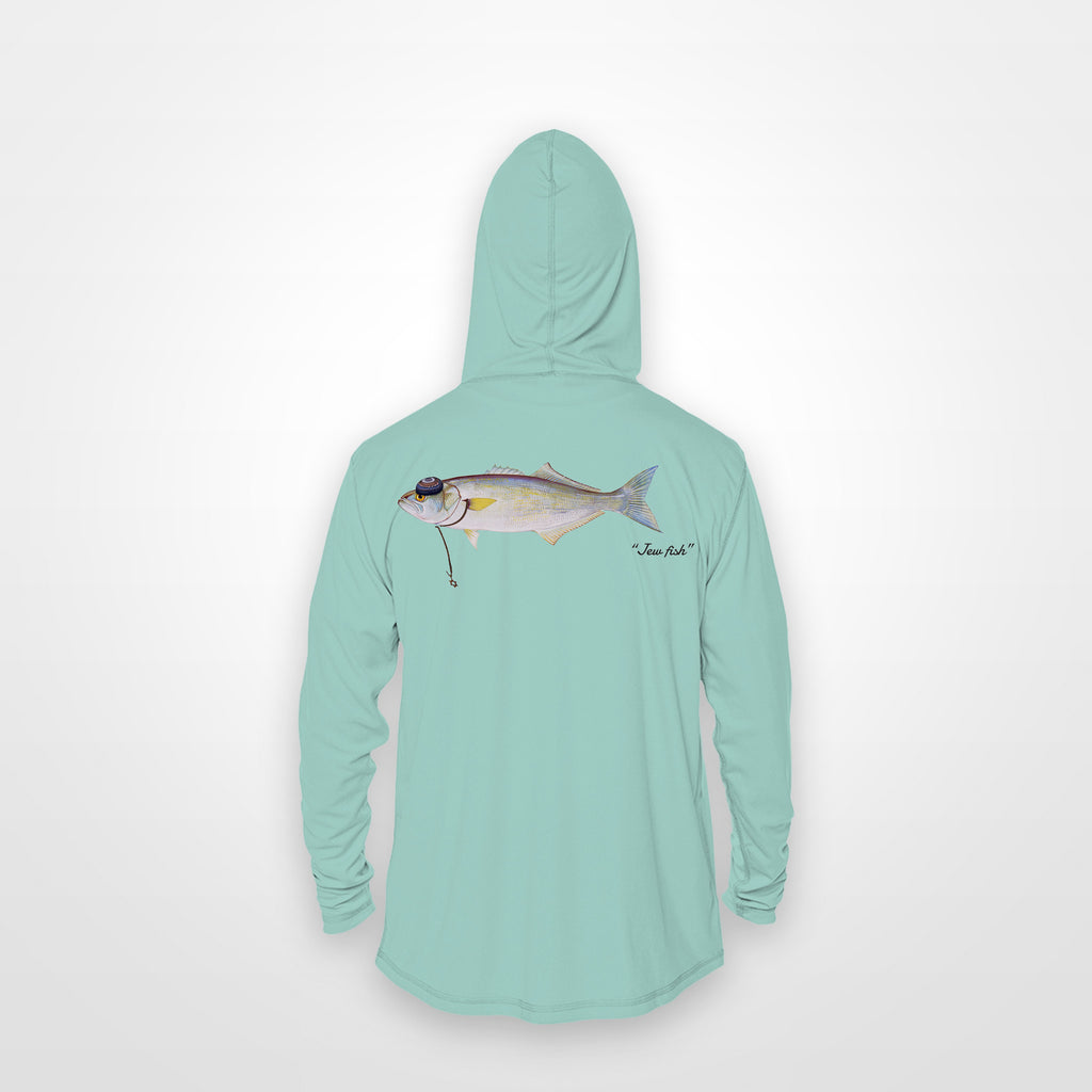 Seafoam "Jew fish" bluefish sun hoodie, back view: bluefish in a kippah and Star of David chain, printed 12 inches wide