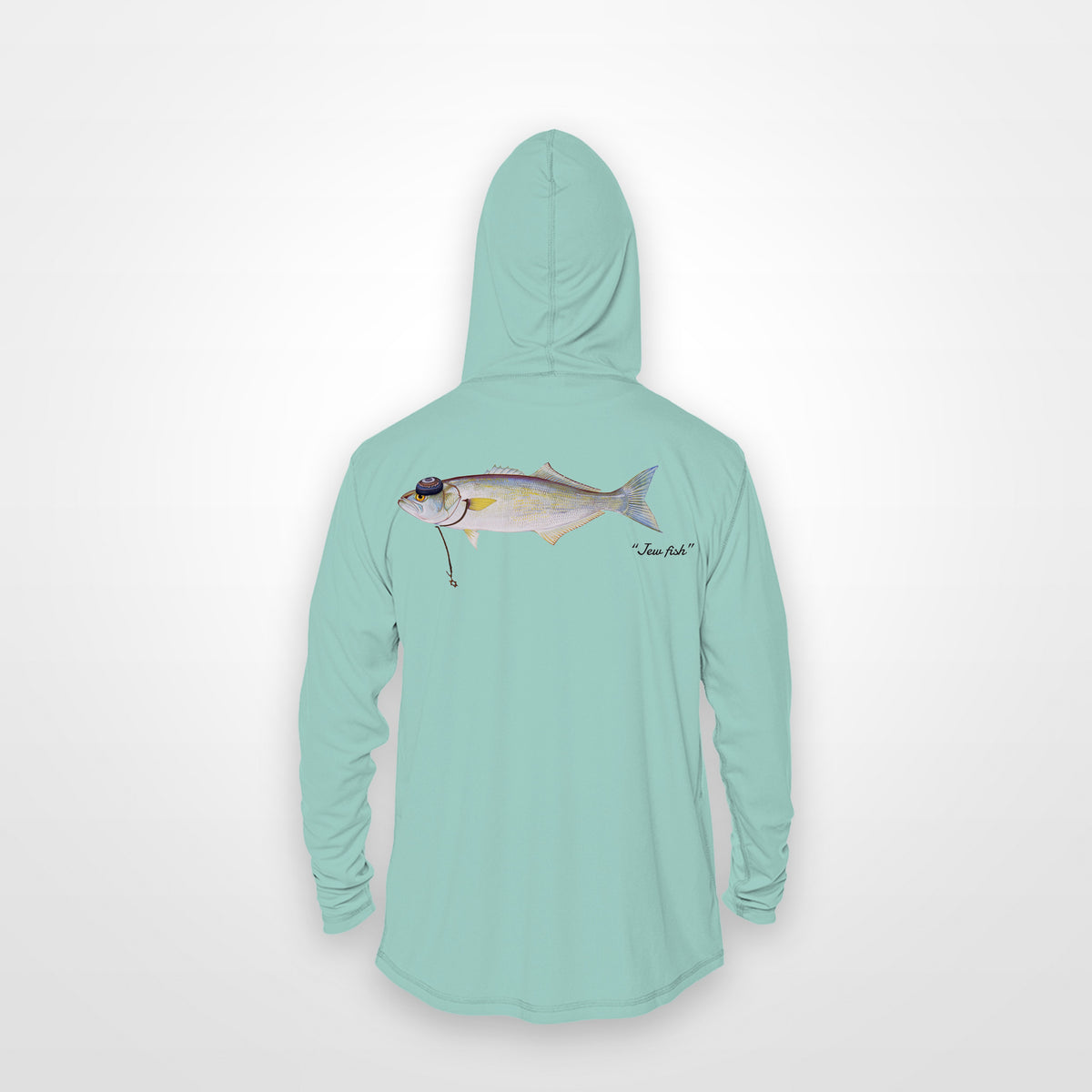 Seafoam "Jew fish" bluefish sun hoodie, back view: bluefish in a kippah and Star of David chain, printed 12 inches wide