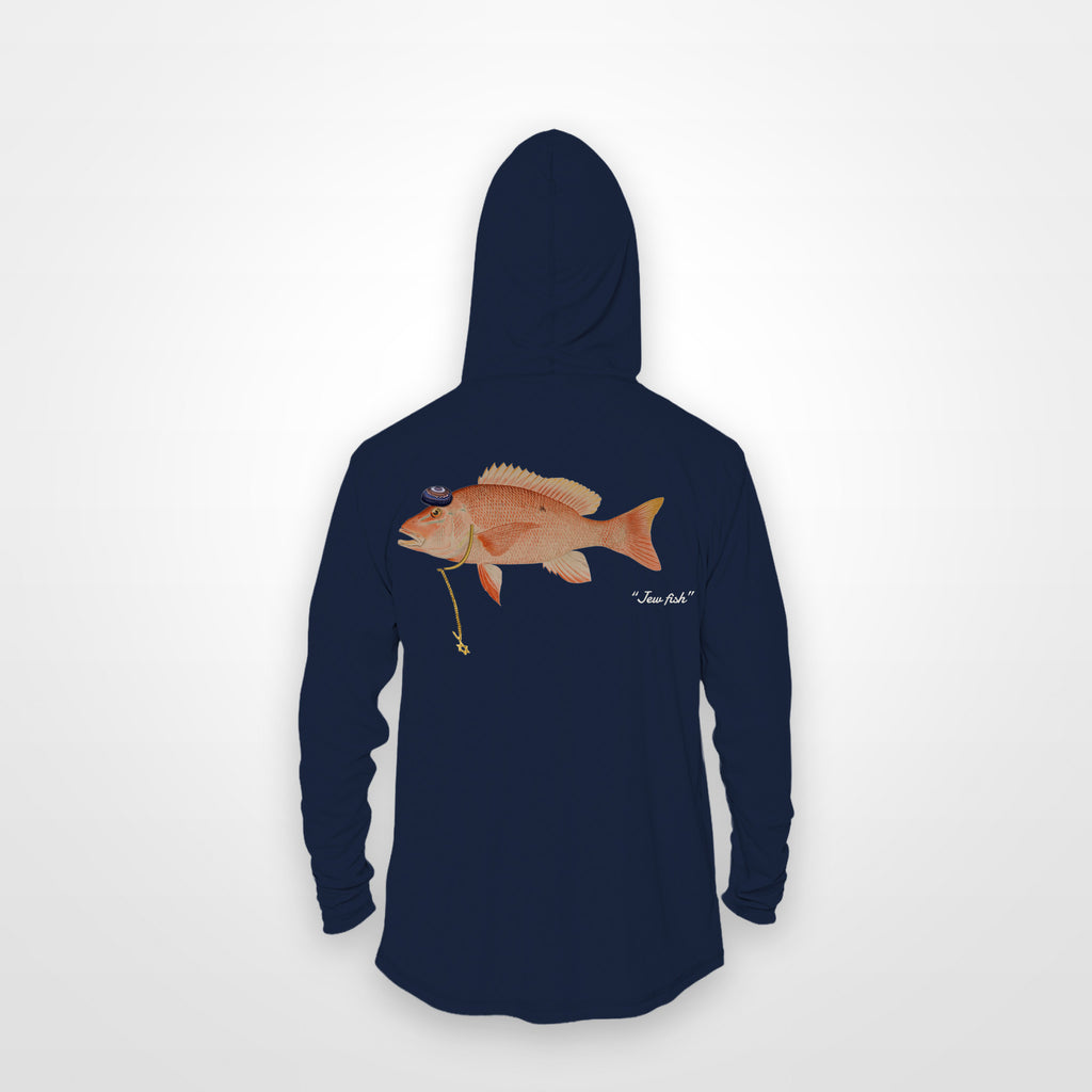 Navy "Jew fish" red snapper sun hoodie, back view: red snapper in a kippah and Star of David chain, printed 12 inches wide