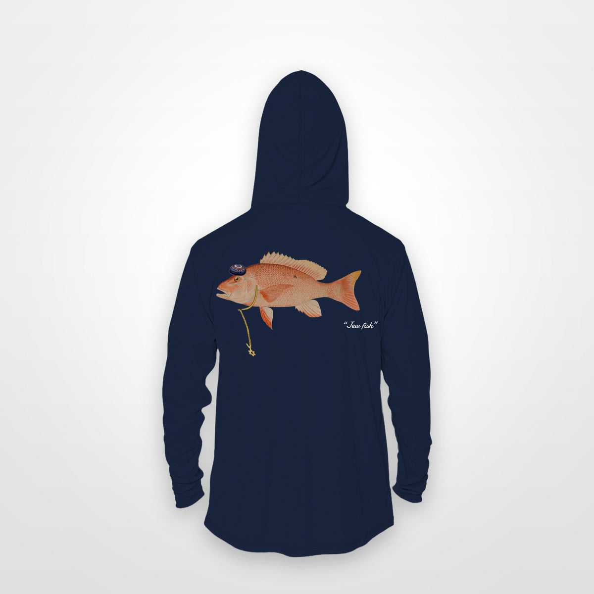 Navy "Jew fish" red snapper sun hoodie, back view: red snapper in a kippah and Star of David chain, printed 12 inches wide