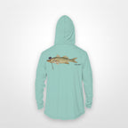 Seafoam "Jew fish" snook sun hoodie, back view: snook in a kippah and Star of David chain, printed 12 inches wide