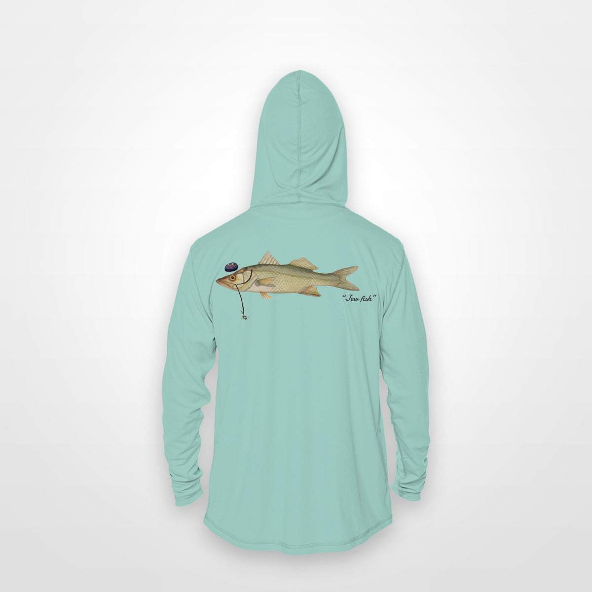 Seafoam "Jew fish" snook sun hoodie, back view: snook in a kippah and Star of David chain, printed 12 inches wide