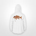 White "Jew fish" red snapper sun hoodie, back view: red snapper in a kippah and Star of David chain, printed 12 inches wide