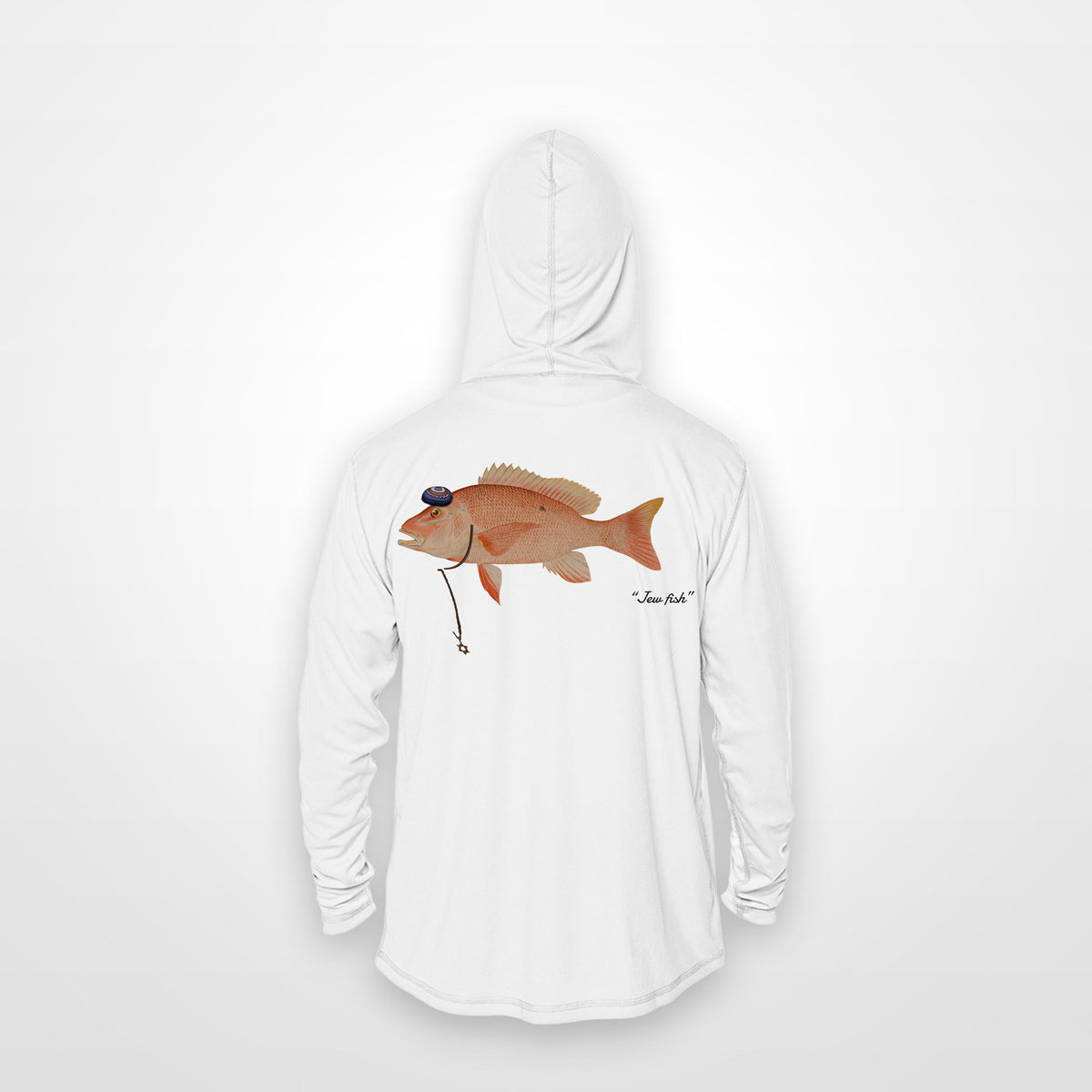 White "Jew fish" red snapper sun hoodie, back view: red snapper in a kippah and Star of David chain, printed 12 inches wide