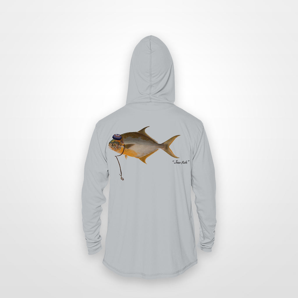 Light Grey "Jew fish" pompano sun hoodie, back view: pompano in a kippah and Star of David chain, printed 12 inches wide