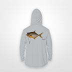 Light Grey "Jew fish" pompano sun hoodie, back view: pompano in a kippah and Star of David chain, printed 12 inches wide