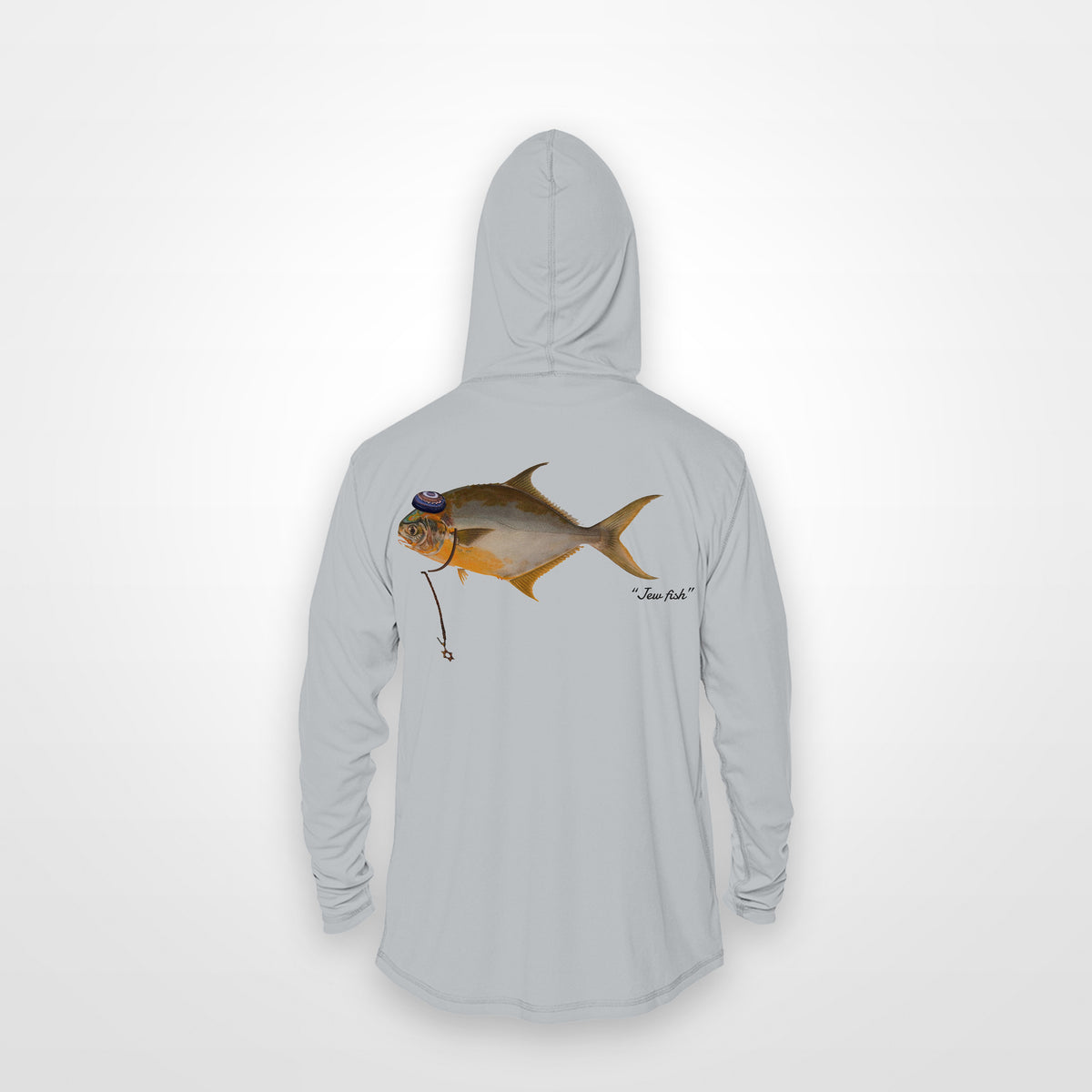 Light Grey "Jew fish" pompano sun hoodie, back view: pompano in a kippah and Star of David chain, printed 12 inches wide