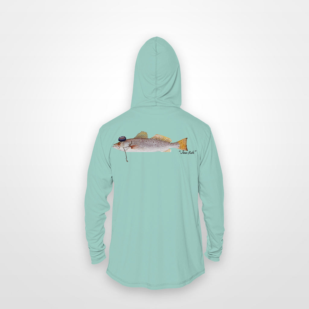 Seafoam "Jew fish" speckled trout sun hoodie, back view: speckled trout in a kippah and Star of David chain, printed 12 inches wide
