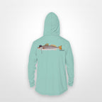 Seafoam "Jew fish" speckled trout sun hoodie, back view: speckled trout in a kippah and Star of David chain, printed 12 inches wide