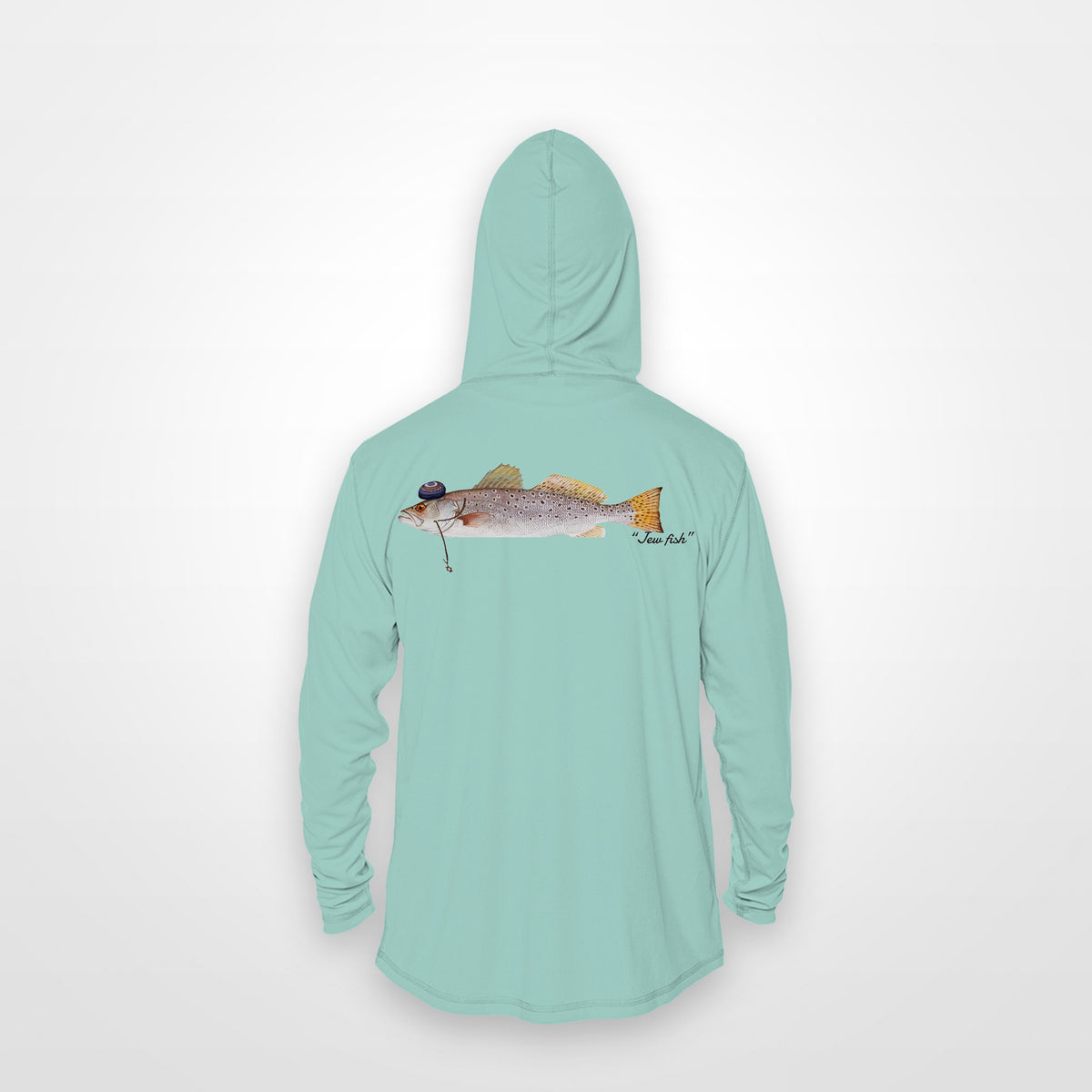 Seafoam "Jew fish" speckled trout sun hoodie, back view: speckled trout in a kippah and Star of David chain, printed 12 inches wide