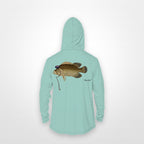 Seafoam "Jew fish" tripletail sun hoodie, back view: tripletail in a kippah and Star of David chain, printed 12 inches wide