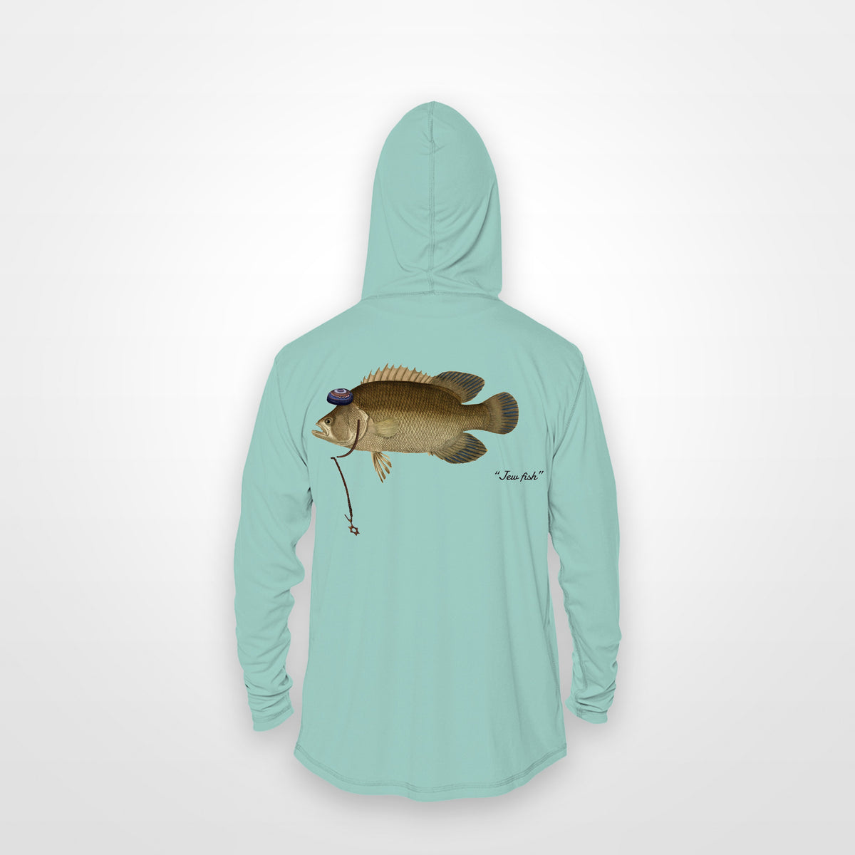 Seafoam "Jew fish" tripletail sun hoodie, back view: tripletail in a kippah and Star of David chain, printed 12 inches wide