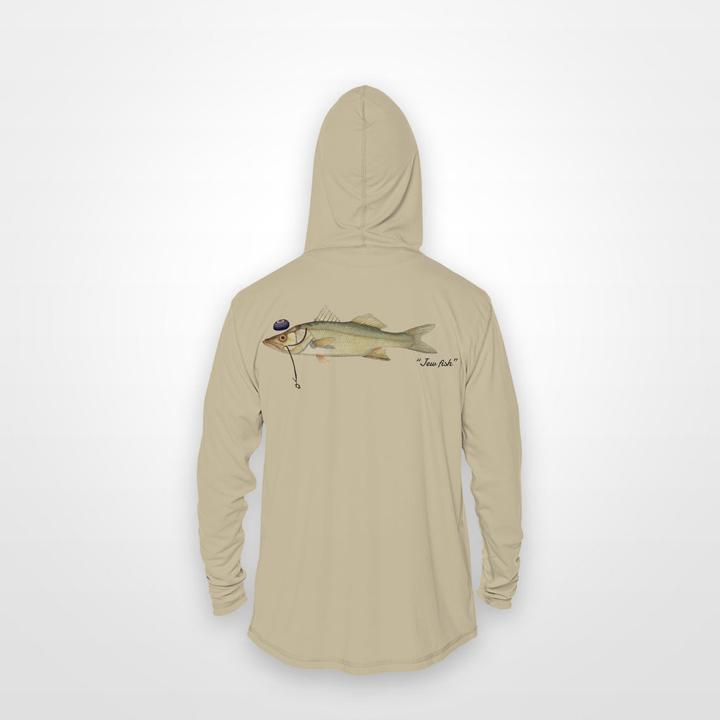 Sand "Jew fish" snook sun hoodie, back view: snook in a kippah and Star of David chain, printed 12 inches wide