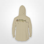 Sand "Jew fish" snook sun hoodie, back view: snook in a kippah and Star of David chain, printed 12 inches wide