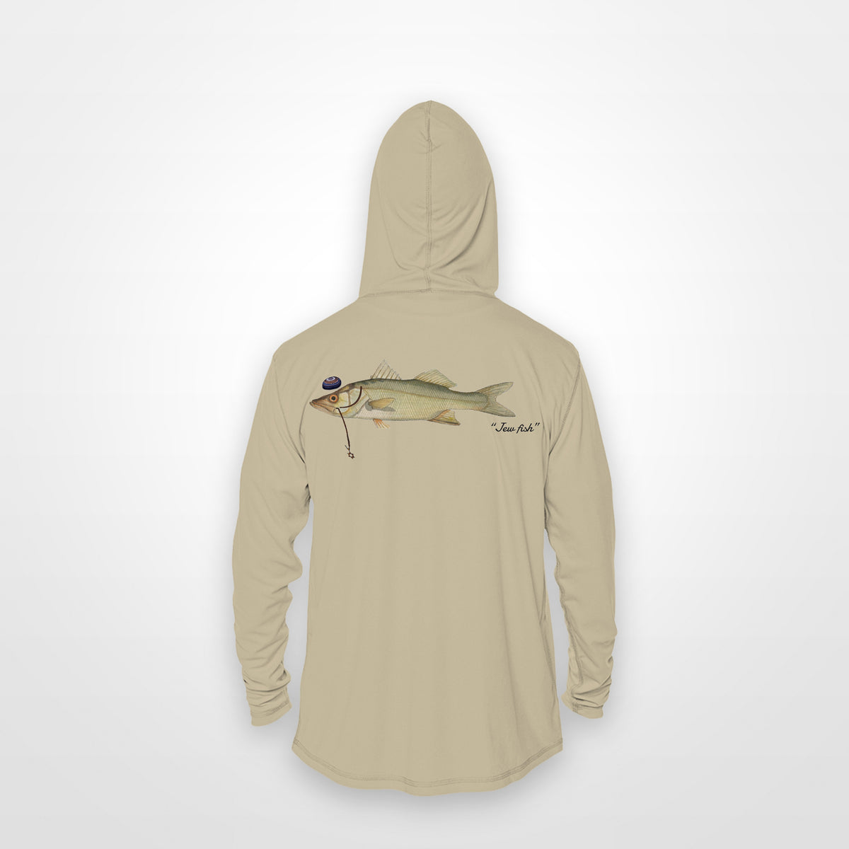 Sand "Jew fish" snook sun hoodie, back view: snook in a kippah and Star of David chain, printed 12 inches wide