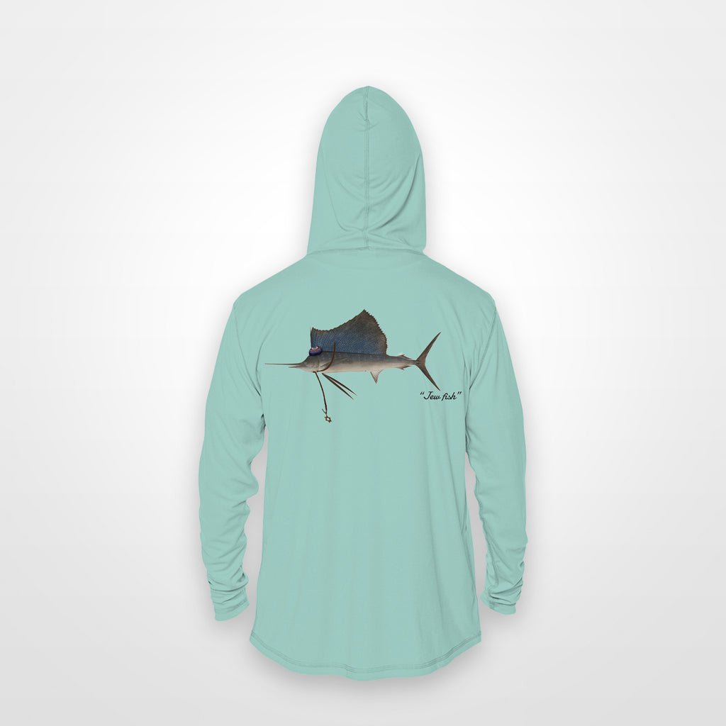 Seafoam "Jew fish" sailfish sun hoodie, back view: sailfish in a kippah and Star of David chain, printed 12 inches wide