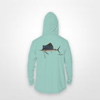 Seafoam "Jew fish" sailfish sun hoodie, back view: sailfish in a kippah and Star of David chain, printed 12 inches wide