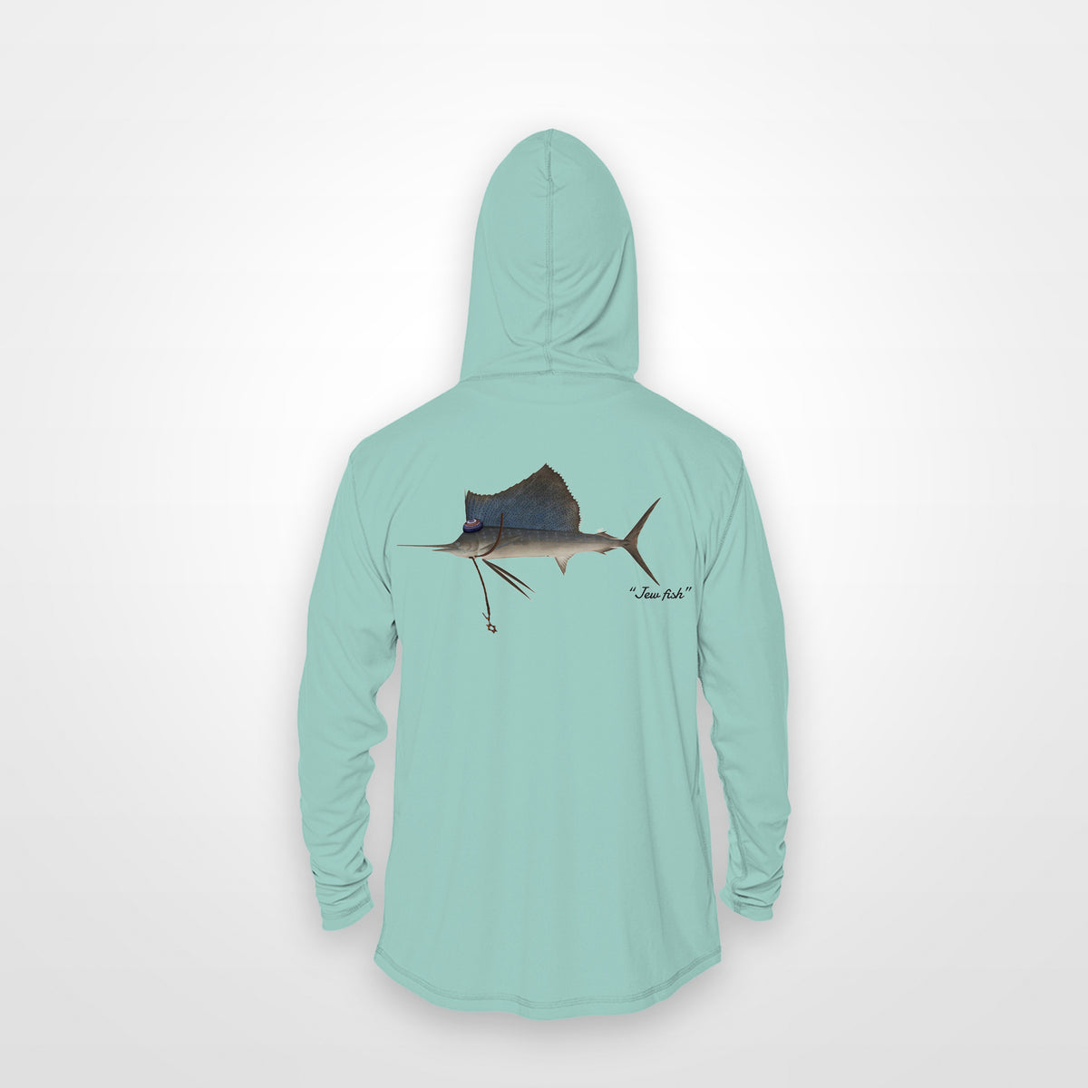 Seafoam "Jew fish" sailfish sun hoodie, back view: sailfish in a kippah and Star of David chain, printed 12 inches wide