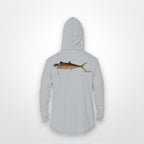 Light Grey "Jew fish" Spanish mackerel sun hoodie, back view: Spanish mackerel in a kippah and Star of David chain, printed 12 inches wide