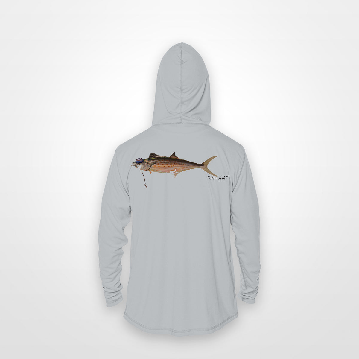 Light Grey "Jew fish" Spanish mackerel sun hoodie, back view: Spanish mackerel in a kippah and Star of David chain, printed 12 inches wide