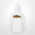White "Jew fish" mangrove snapper sun hoodie, back view: mangrove snapper in a kippah and Star of David chain, printed 12 inches wide