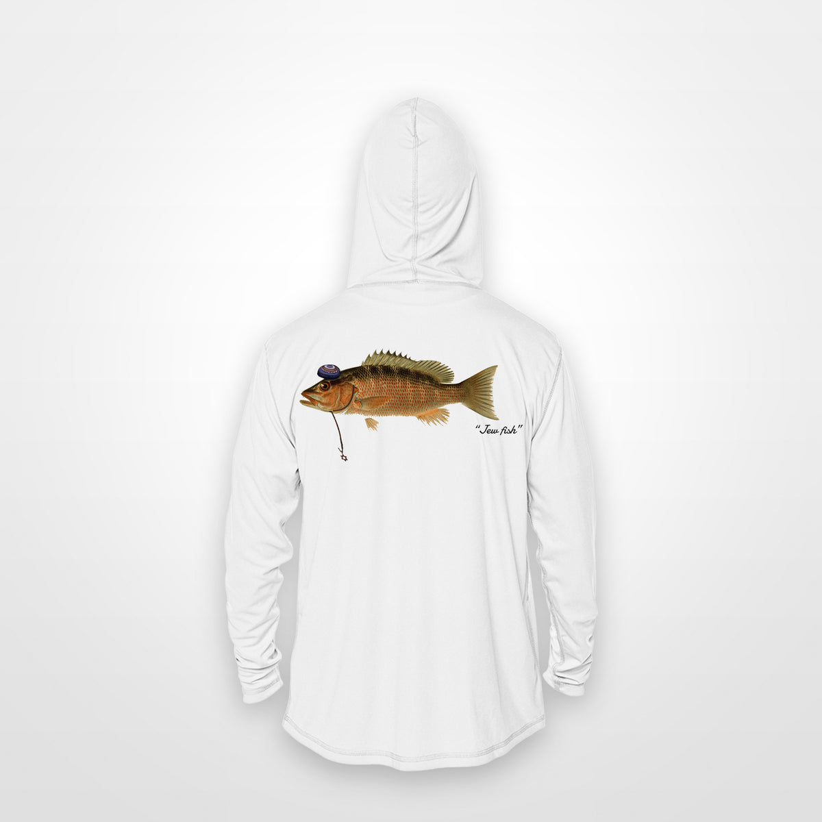 White "Jew fish" mangrove snapper sun hoodie, back view: mangrove snapper in a kippah and Star of David chain, printed 12 inches wide