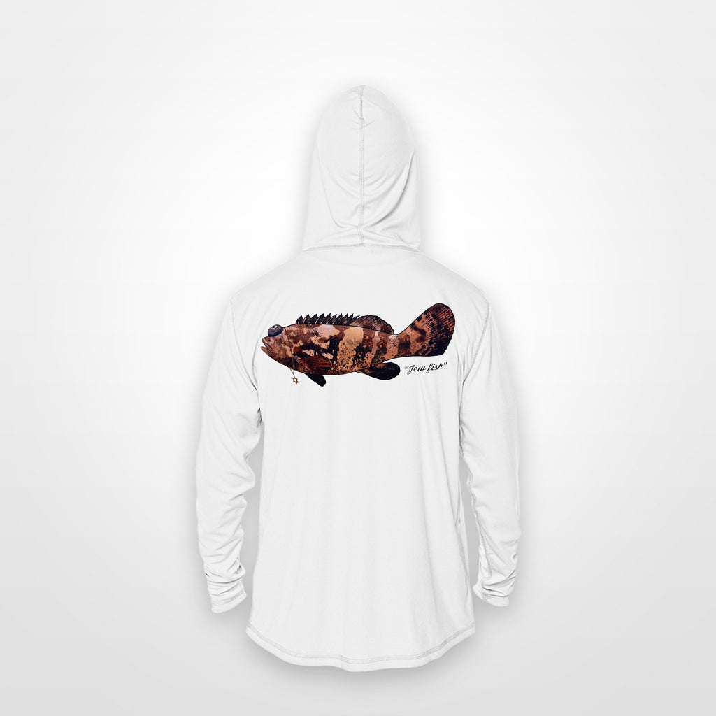 White "Jew fish" Goliath grouper sun hoodie, back view: Goliath grouper in a kippah and Star of David chain, printed 12 inches wide